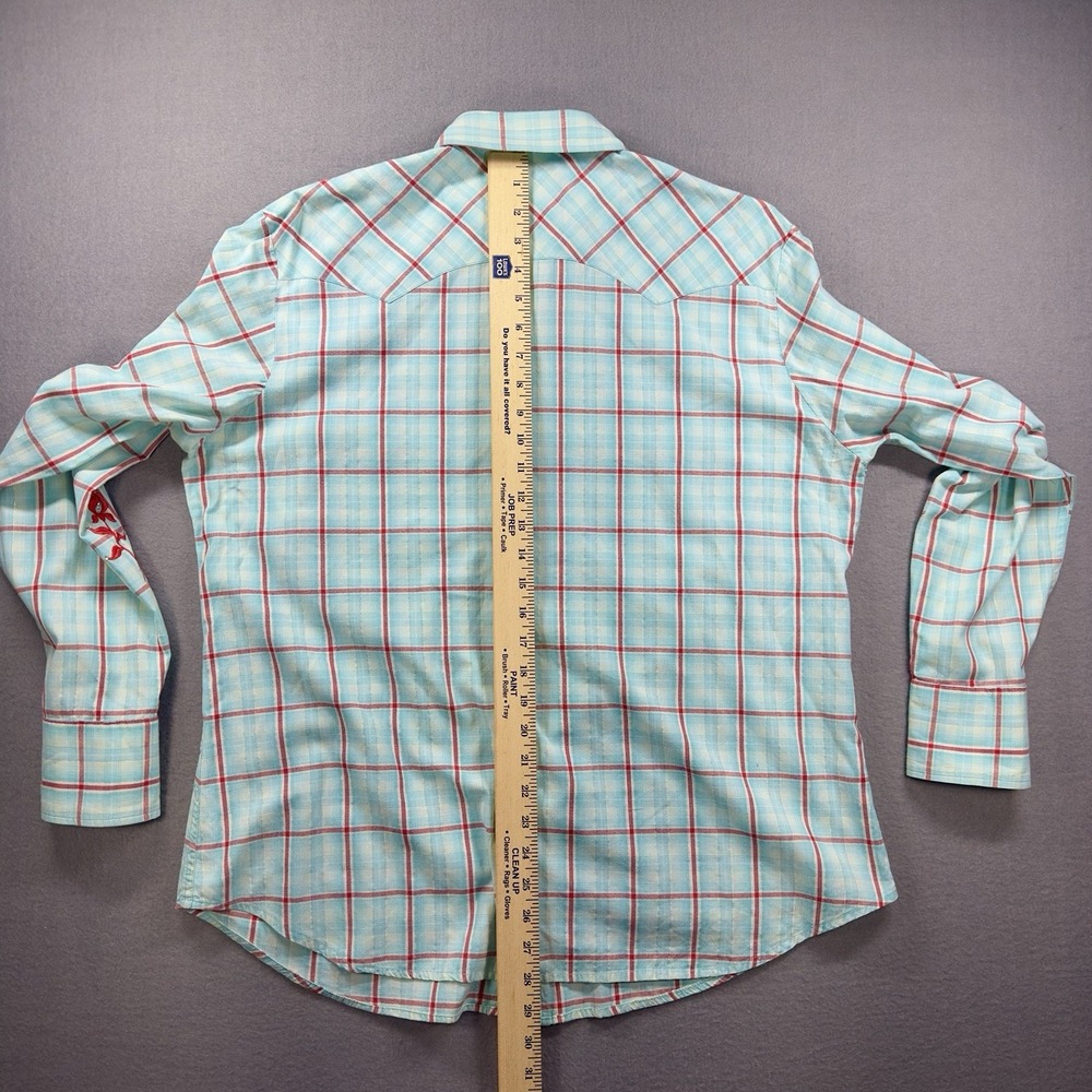 Panhandle Slim Western Shirt Women 1X Blue Plaid Lurex Rhinestone Embroidery - Picture 9 of 10